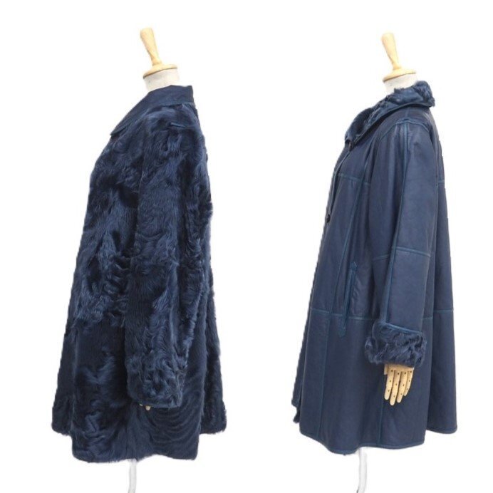  beautiful goods [ MICHEL KLEIN* reversible * double faced ]Y1000~ high class fur karu gun Ram * long coat :90cm height navy *U461T