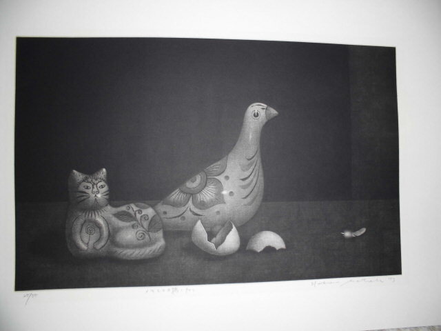 [ Owari . antique delivery ]NO woodcut 012 Sato . man . copperplate engraving [ Mexico. dove . cat ] 39×24.5 centimeter 25/75