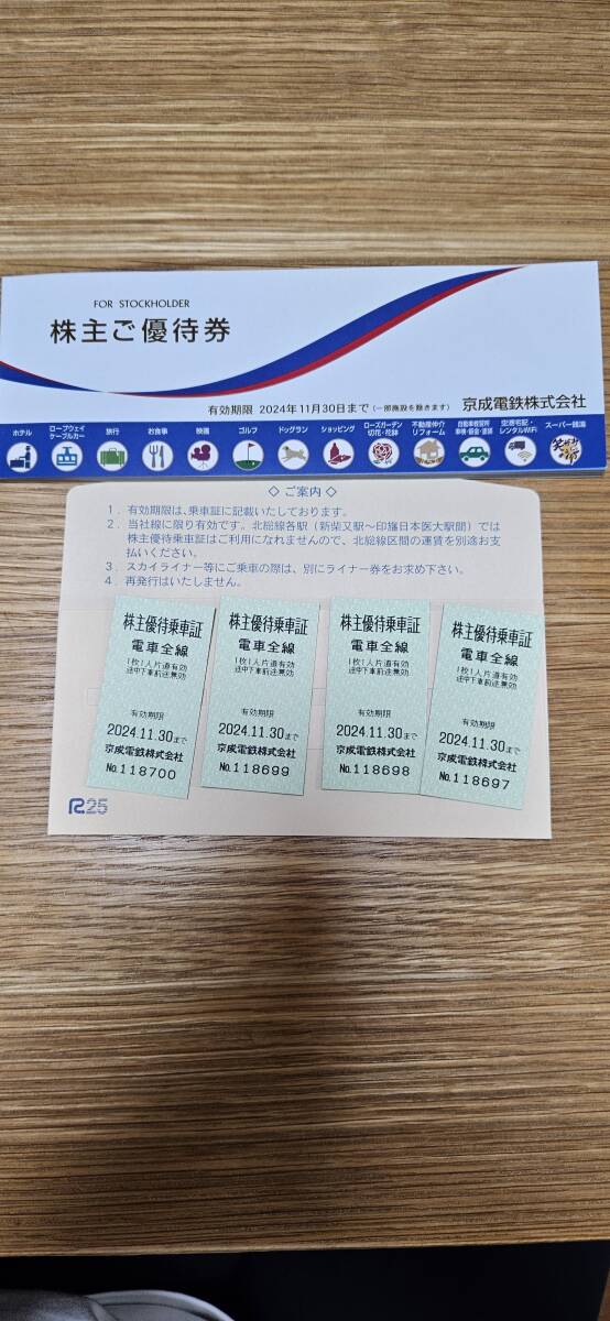 京成電鉄　株主優待乗車券4枚と株主優待券1冊_未使用乗車券4枚と株主優待券1冊です。