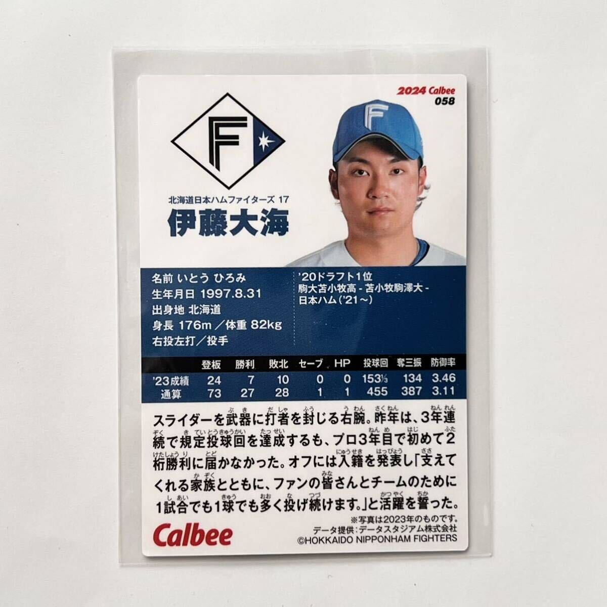 カルビー プロ野球チップス 2024 カード 058 伊藤大海 北海道日本ハムファイターズ エラーカード Calbee_画像2