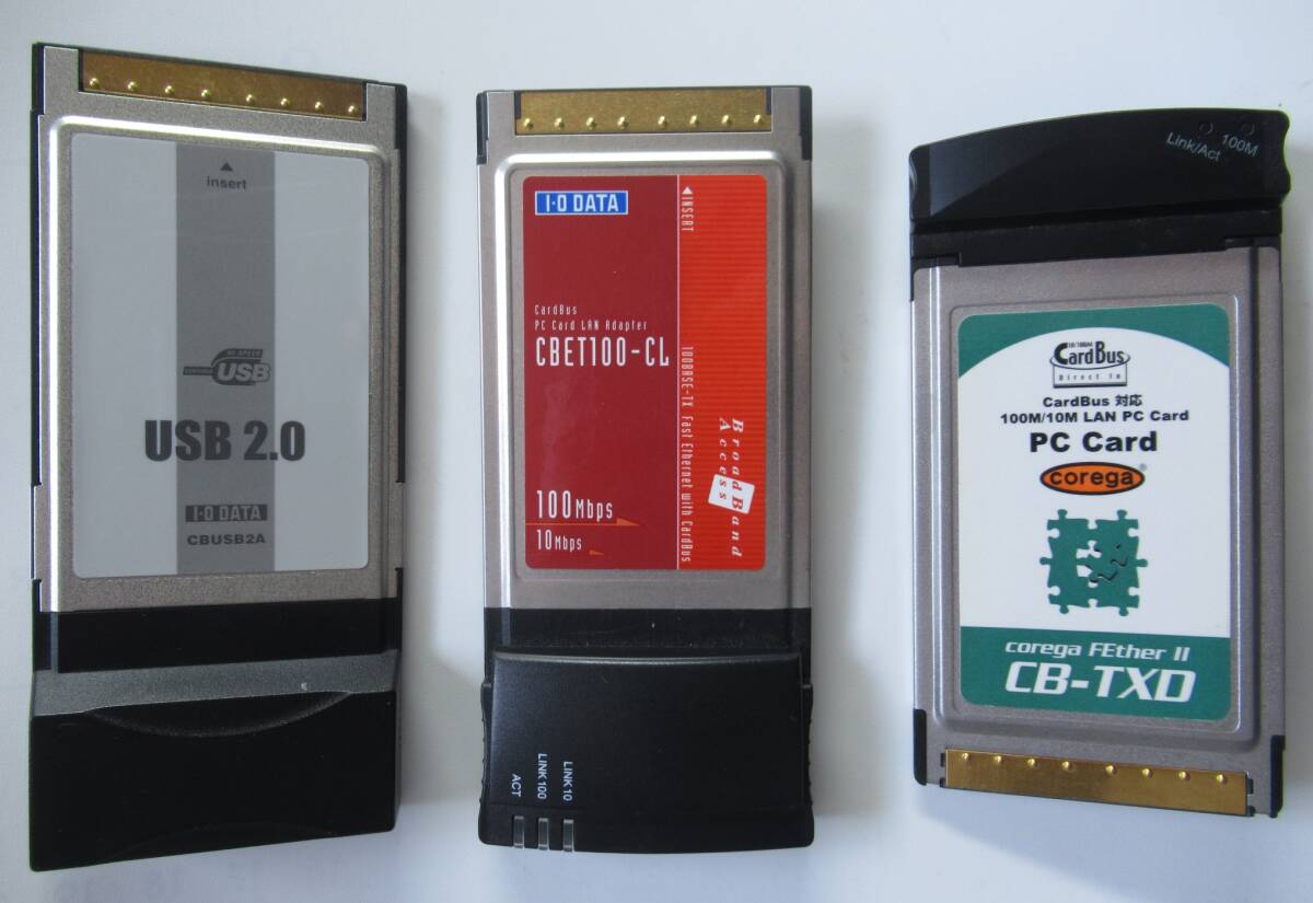 [ノートPC] PCカードスロット用CardBus ３つセット LANアダプター２つ ＆ USB2.0インターフェイスカード /送料無料 カードバス CBUSB2Aの画像1