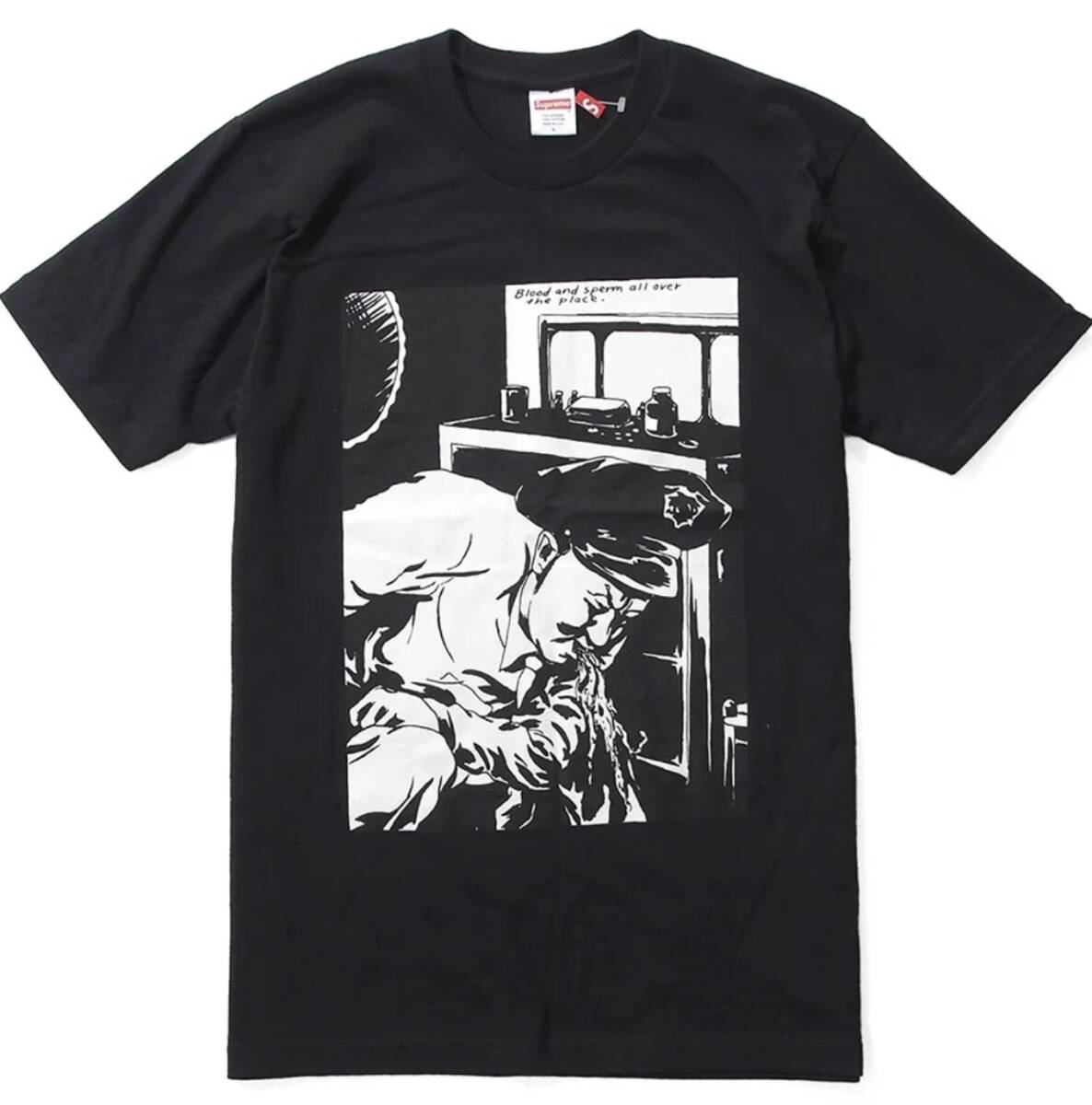 【新品】 Supreme　シュプリーム　Tシャツ RAYMOND PETTIBON BLACK FLAG COP BLOOD AND SPERM ALL OVER THE PLACE　Box Logo　黒　XL　希少_画像3