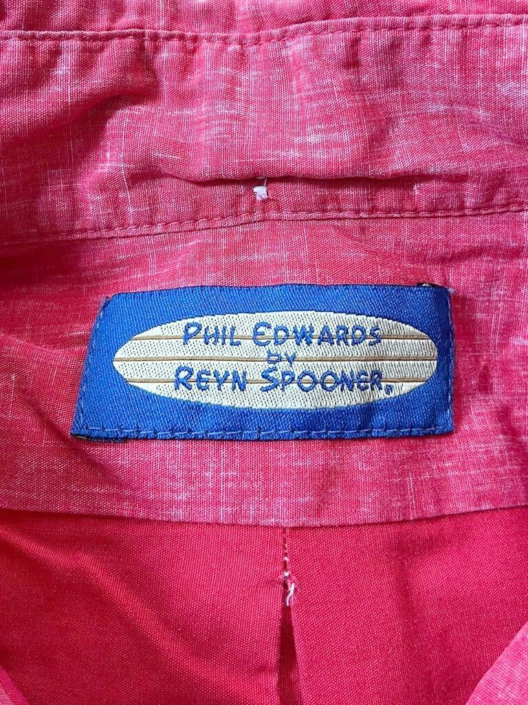 ●●PHIL EDWARDS by reyn spooner フィルエドワーズ レインスプーナー サーフボードタグ PO 綿100 アロハシャツ M 赤OAHU ティキ花柄●●_画像5