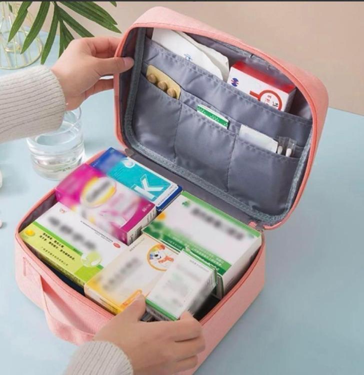 【救急バッグ、ポーチセット】 家庭用＆旅行携帯用薬品大容量収納バッグ　ピンク