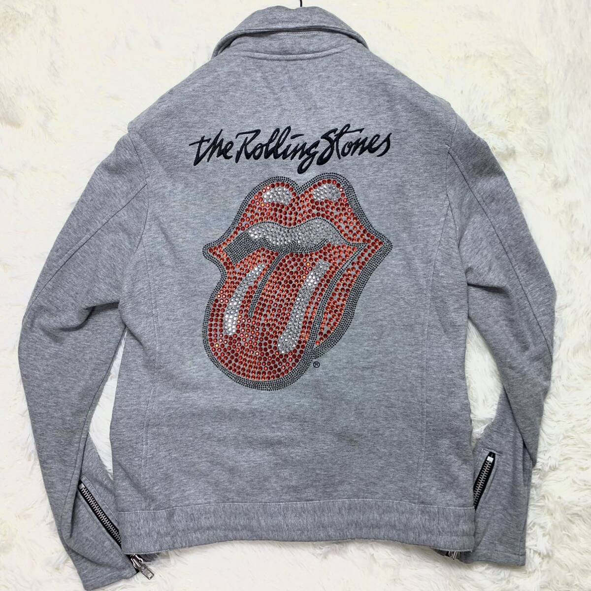 美品/極希少 ●JACKROSE ジャックローズ THE ROLLING STONES ローリングストーンズ ライダース ジャケット ロゴ スタッズ プリント L 灰色_画像1