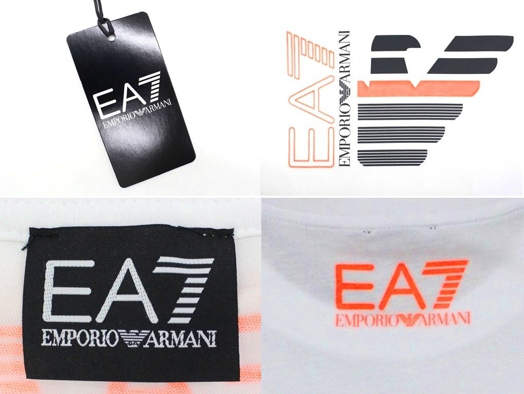 4万新品◆L◆【EMPORIOアルマーニ EA7】ストレッチ イーグルロゴ 白Tシャツ ホワイト×ネオンオレンジ 1円_画像9