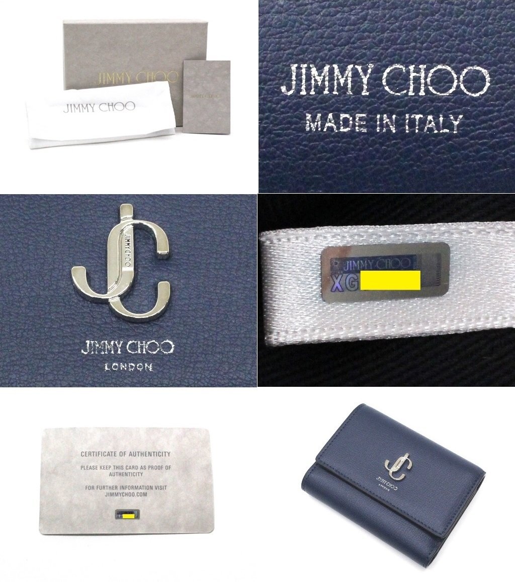 9万新品◆JIMMY CHOOジミーチュウ◆軽量グレインレザーロゴプレート三つ折り財布 濃青 1円_画像9