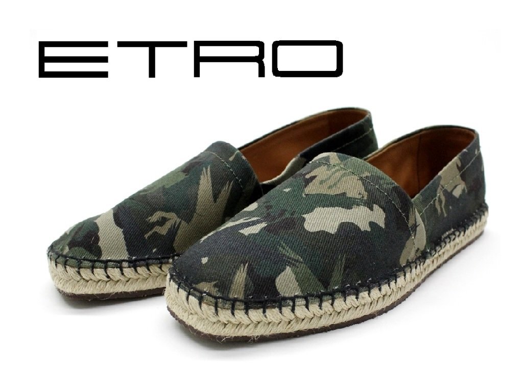 9万新品◆41=26cm【ETRO】エトロ PEGASOペガソモチーフカモフラージュ柄 PEGAFLYING エスパドリーユ カーキ系 1円_画像1