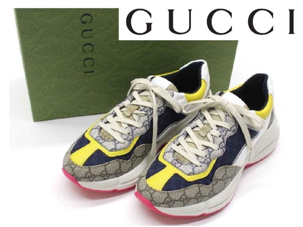 15 десять тысяч новый товар *8=27cm*GUCCI Gucci [ свет n]GG образец кожа архив ткань спортивные туфли бежевый темно-синий желтый 1 иен 