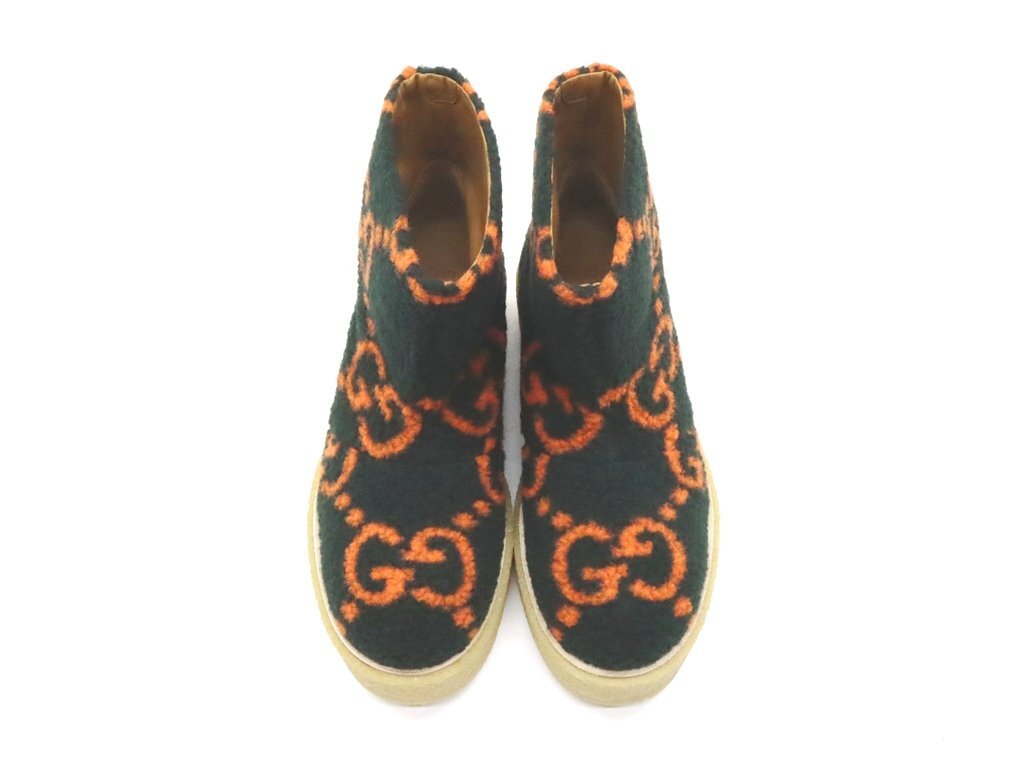 18万新品◆8=27㎝◆GUCCI グッチ HOPPER マキシGG柄ムートン 厚底クレープソールアンクル丈ブーツ 濃緑×橙 1円_画像2