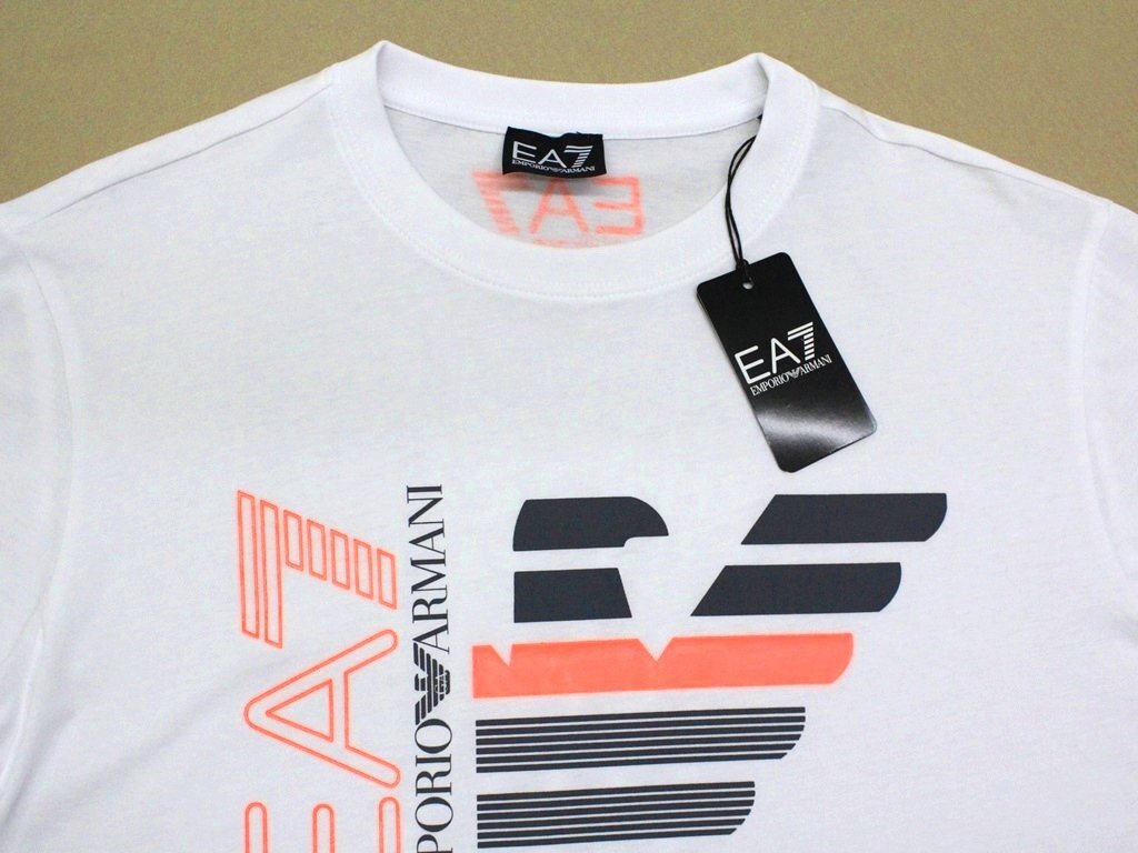 4万新品◆L◆【EMPORIOアルマーニ EA7】ストレッチ イーグルロゴ 白Tシャツ ホワイト×ネオンオレンジ 1円_画像4