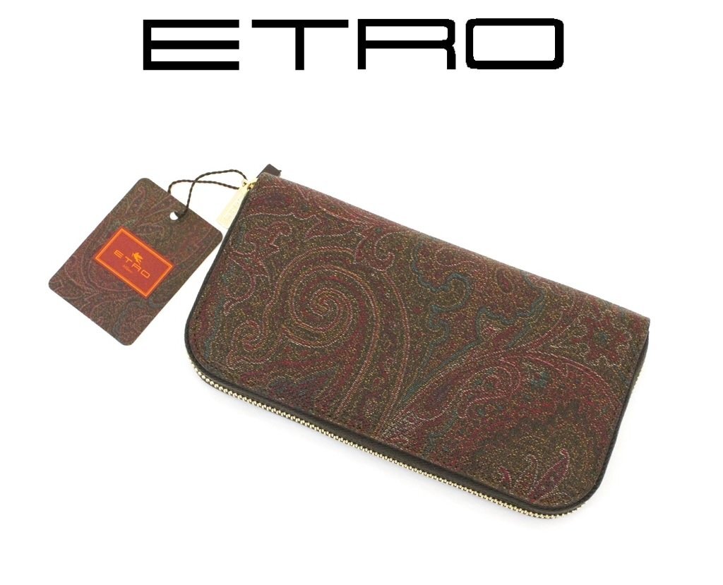 9万新品◆エトロジャパン◆ブラウン系ペイズリー柄ラウンドジップ長財布【ETRO】1円_画像1