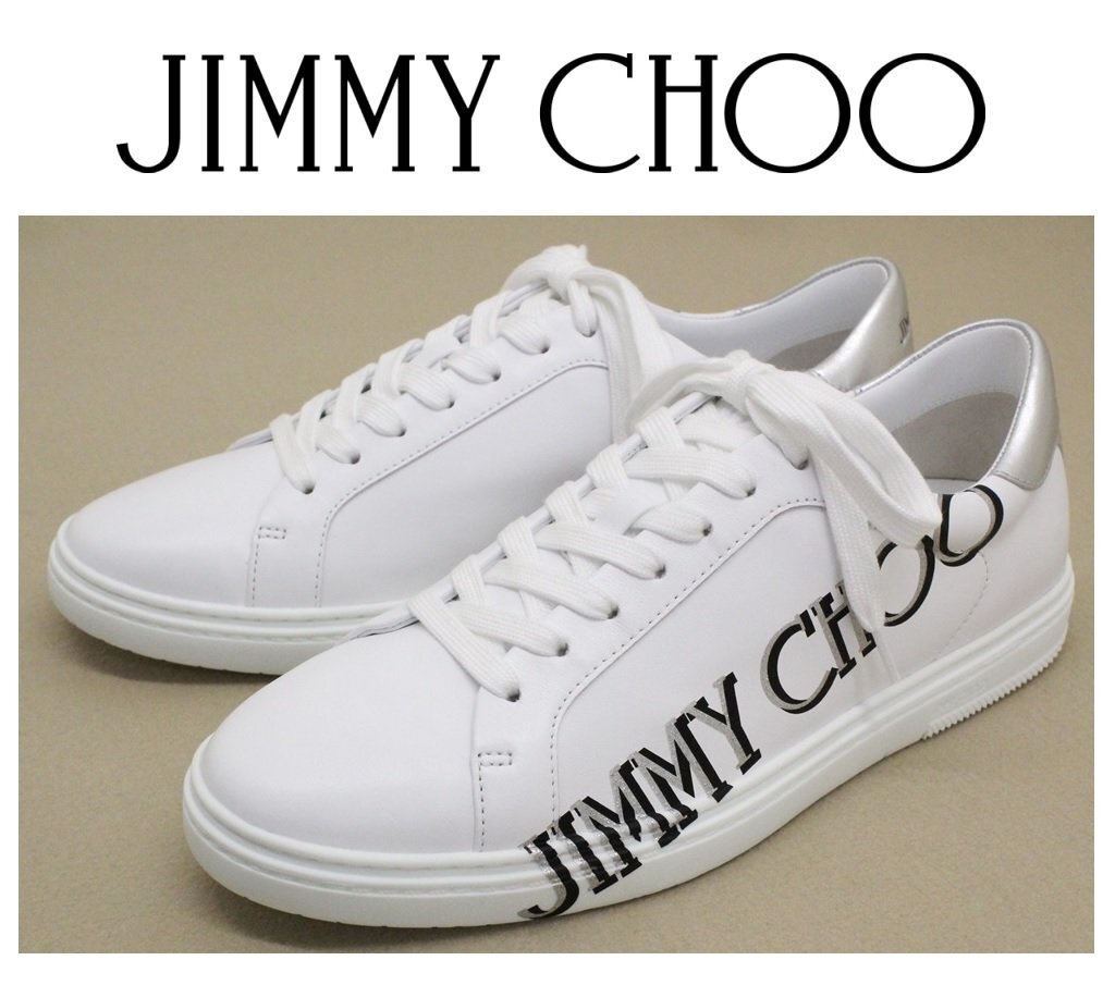 12万新品◆41=26cm◆JIMMY CHOOジミーチュウ◆KAI/F ラメロゴ入り白レザースニーカー 1円の画像1