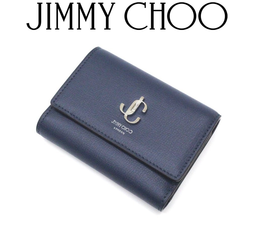 9万新品◆JIMMY CHOOジミーチュウ◆軽量グレインレザーロゴプレート三つ折り財布 濃青 1円_画像1