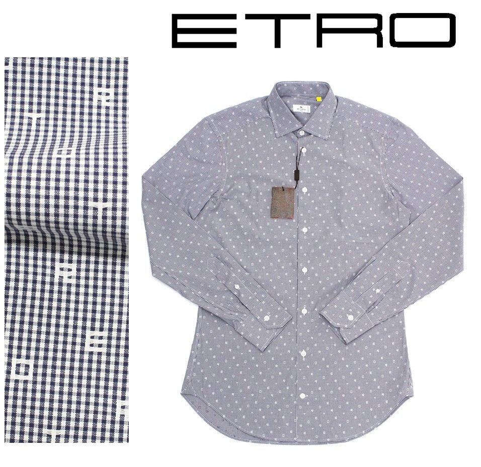 8万新品◆39=S～M◆エトロ◆紺白ギンガムチェック×ETROロゴ イタリア製爽やかコットンシャツ【ETRO】1円_画像1