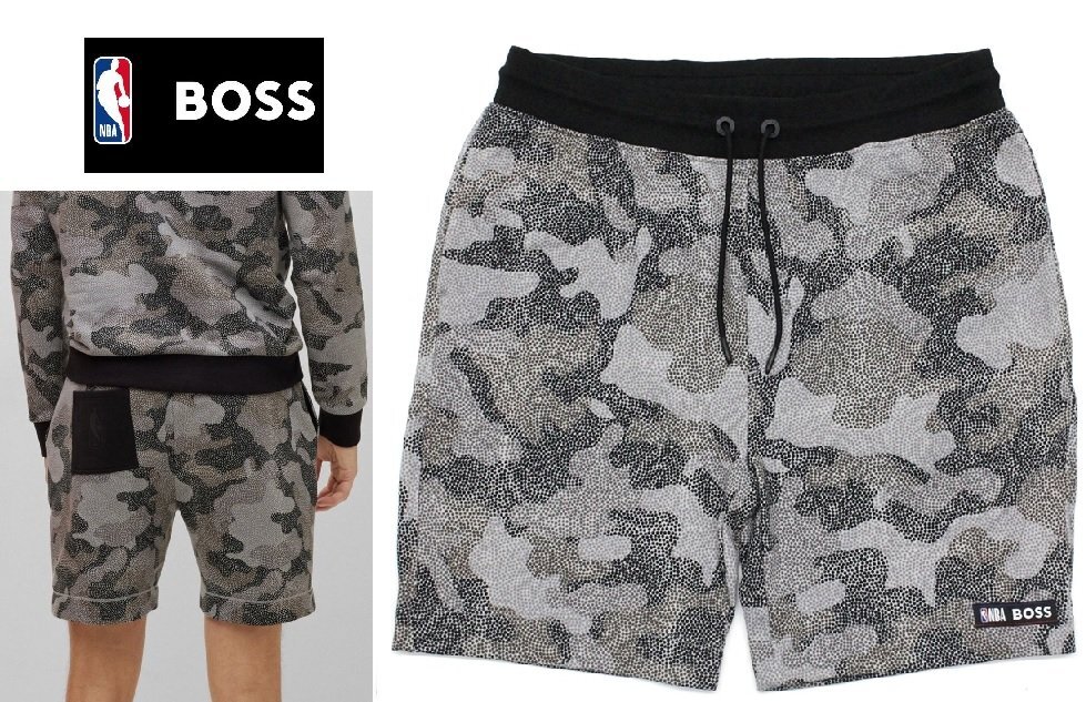 3万新品◆L◆ボス BOSS×NBAコラボ Jerry Alan West カモフラージュプリント スウェットハーフパンツ 灰黒『Slam_Camo_NBA』1円_画像1