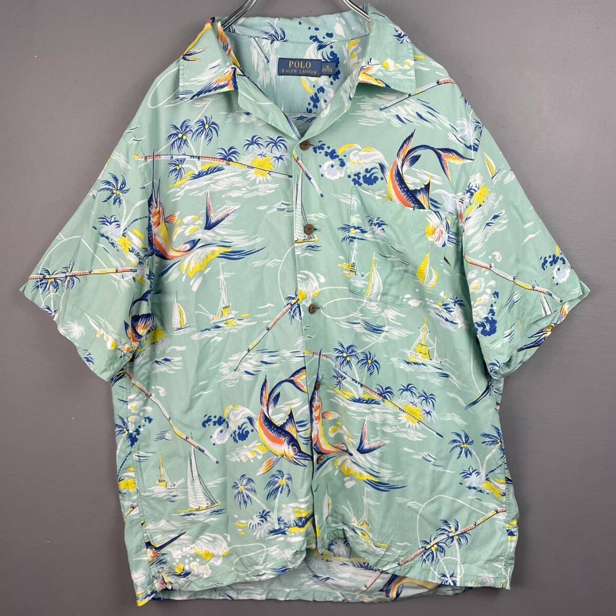 Wm705 стандартный товар POLO RALPH LAUREN короткий рукав Hawaiian * гавайская рубашка открытый цвет . воротник марлин искусственный шелк мужской свободно 