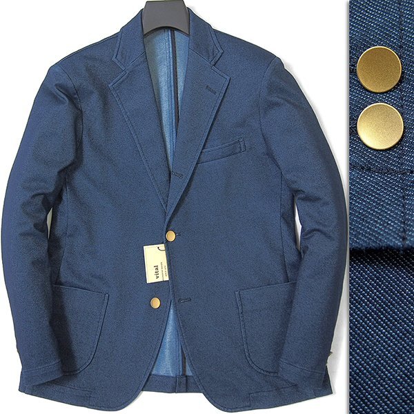  new goods vitalmshu Nicole gold button stretch Denim jacket 44 (S) navy blue [J58658] NICOLE spring summer men's blaser jersey -