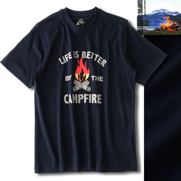 新品 キャンピングコンフォートライフ 春夏 キャンプファイヤー プリント Tシャツ L 紺【PW9M-T103_NA】 CAMPING COMFORT LIFE 半袖_画像1