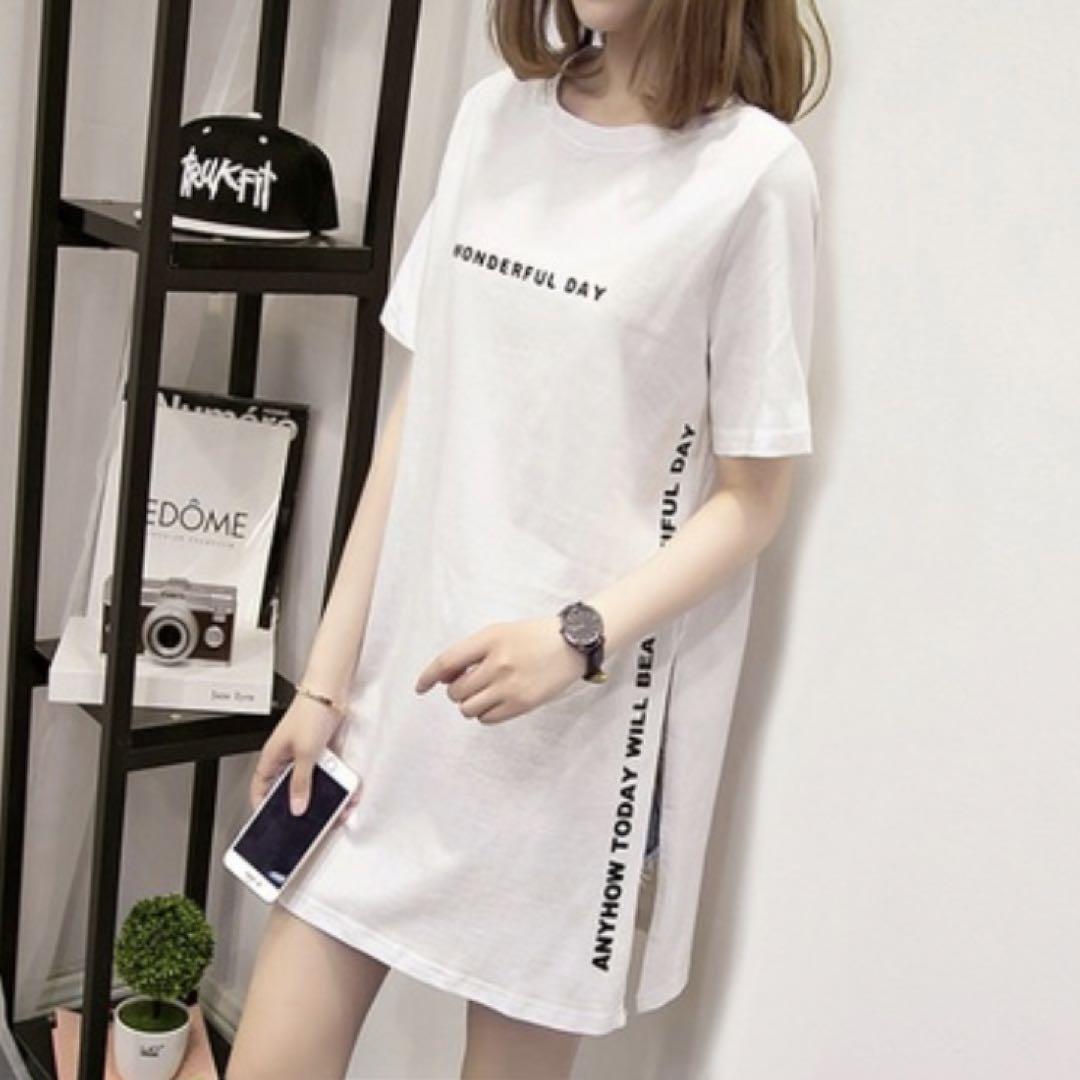 新品未使用　ロング丈　Tシャツ　サイドスリット　体型カバー　ホワイト　白　L_画像2