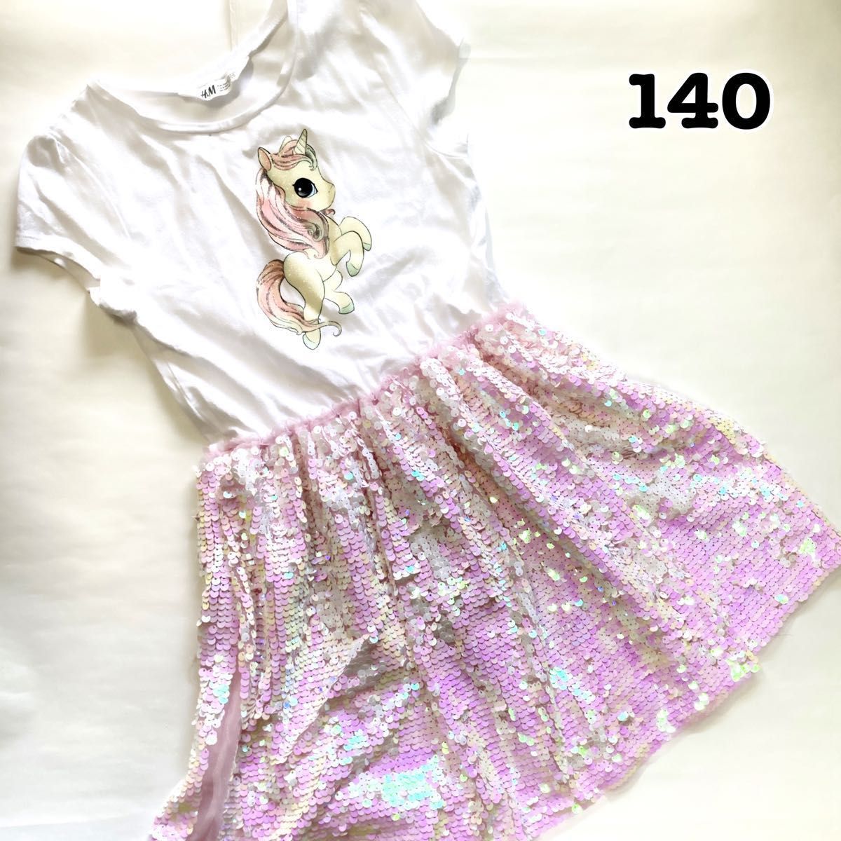【140】H&M ユニコーン半袖ワンピース 女の子 チュールスカート スパンコール ゆめかわ ドッキングワンピース 130
