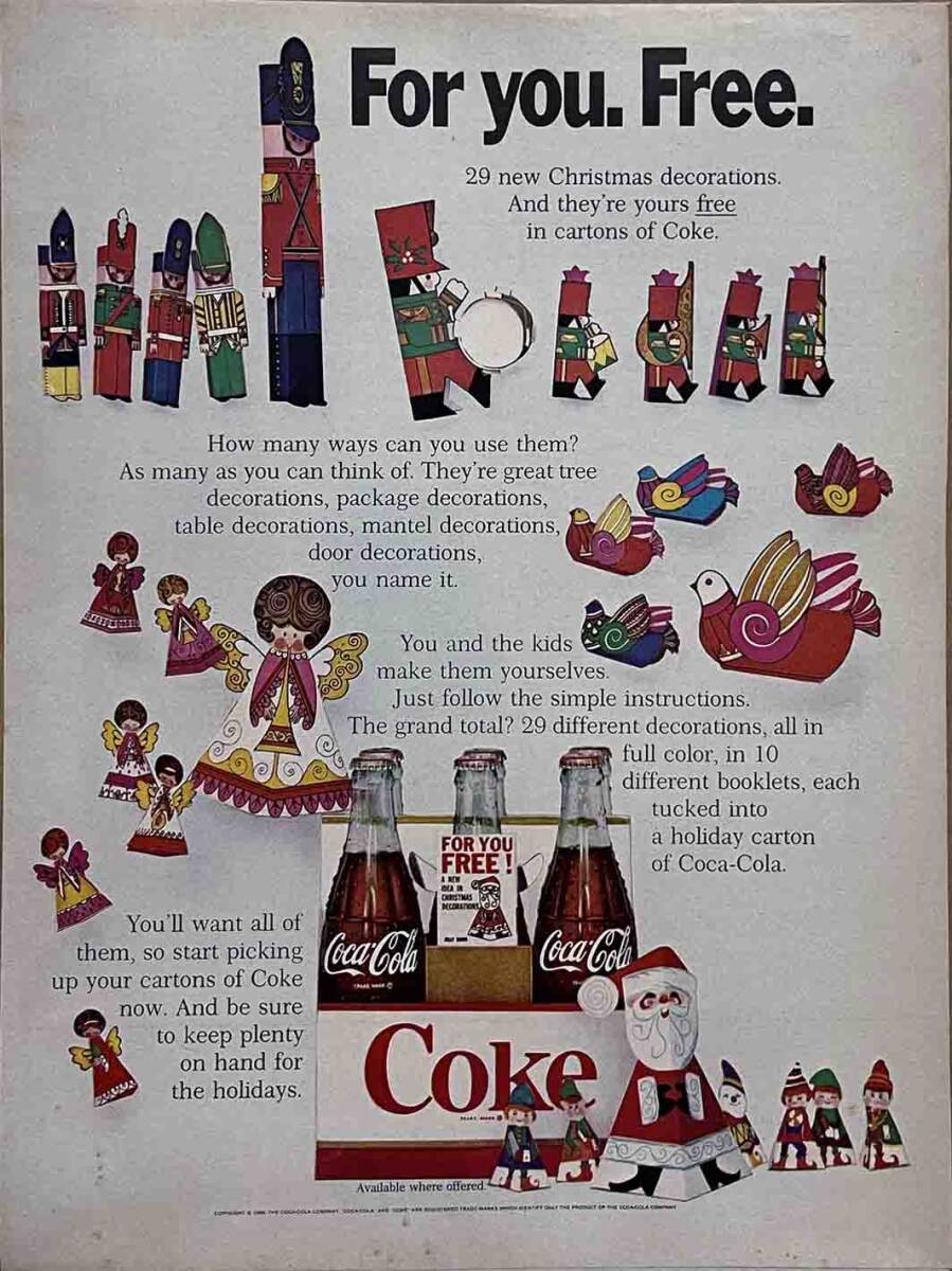 1968 год Coca Cola Cola. картон . Рождество оборудование орнамент / Vintage журнал реклама оригинал * постер 
