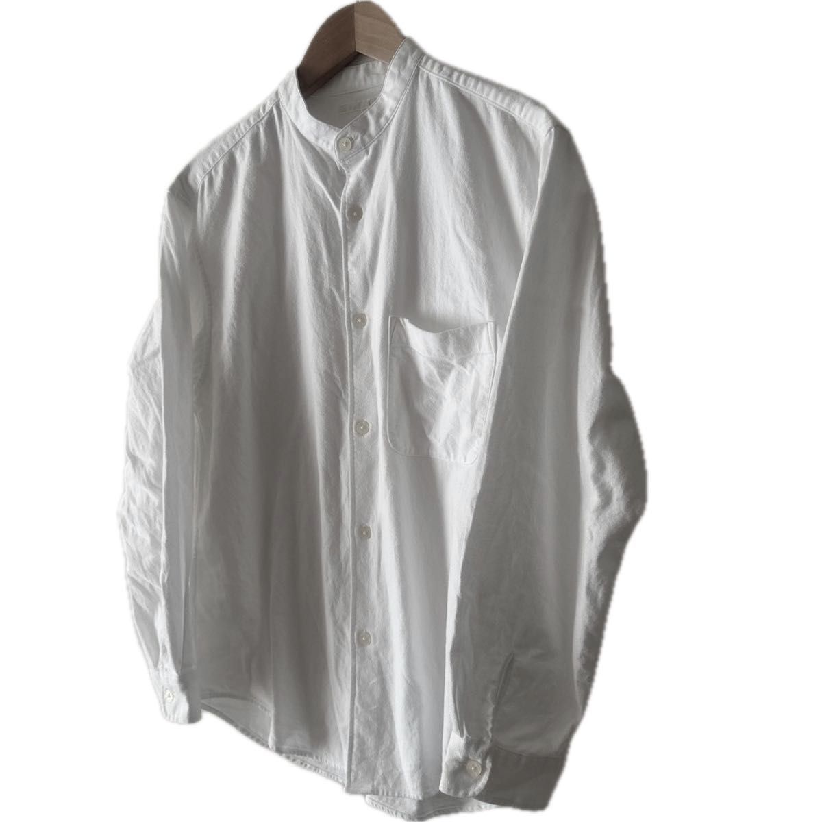GU ジーユー メンズ フランネルリラックスフィットバンドカラー長袖シャツ USED S ホワイト