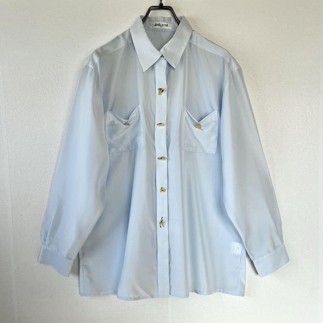 古着 日本製 アニマルボタンシャツ 金ボタン 無地 水色 レトロ L 淡色 レア 長袖 ライトブルー 大人かわいい_画像2