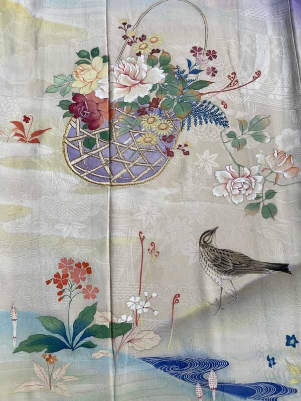 * кимоно ... античный кимоно obi * выходной костюм .. вышивка весна цветы и птицы фиолетовый .. Британия роза роза Taisho роман натуральный шелк старый ткань старый .