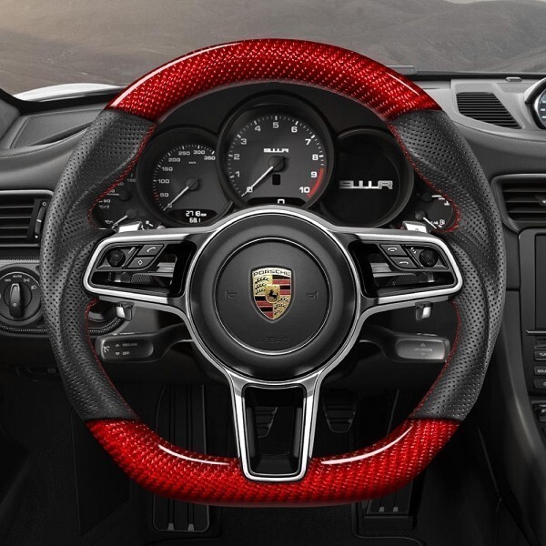 PORSCHE ポルシェ 718 ケイマン/ボクスター 982 (16+) D型 ステアリング ホイール ハンドル レッドカーボンxPレザー トップマーク無_画像2