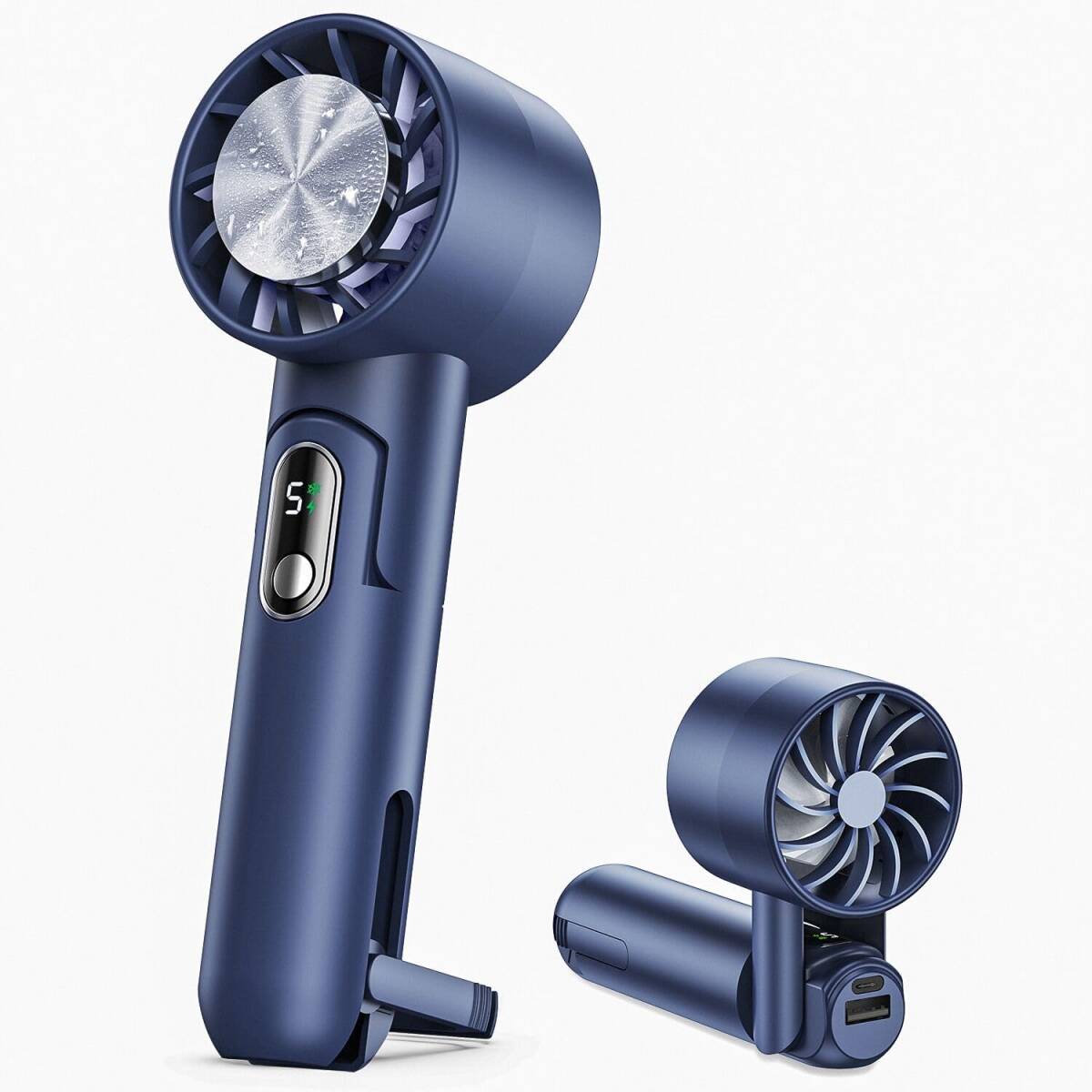  mobile electric fan handy fan cold sensation plate attaching mobile battery function in stock electric fan neck .. desk electric fan usb rechargeable 5000mAh high capacity navy 