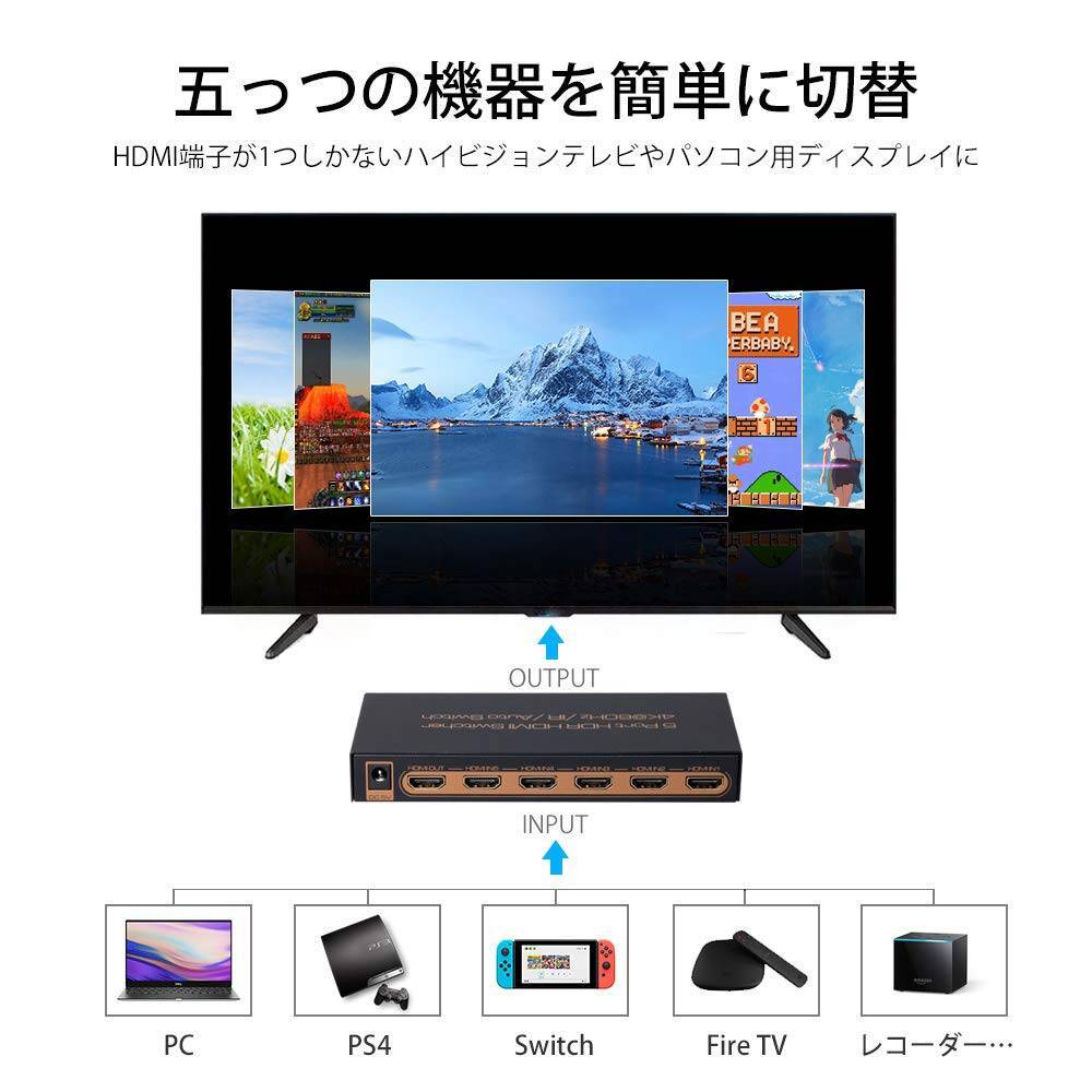 HDMI入力切替器 5入力1出力 リモコン付き