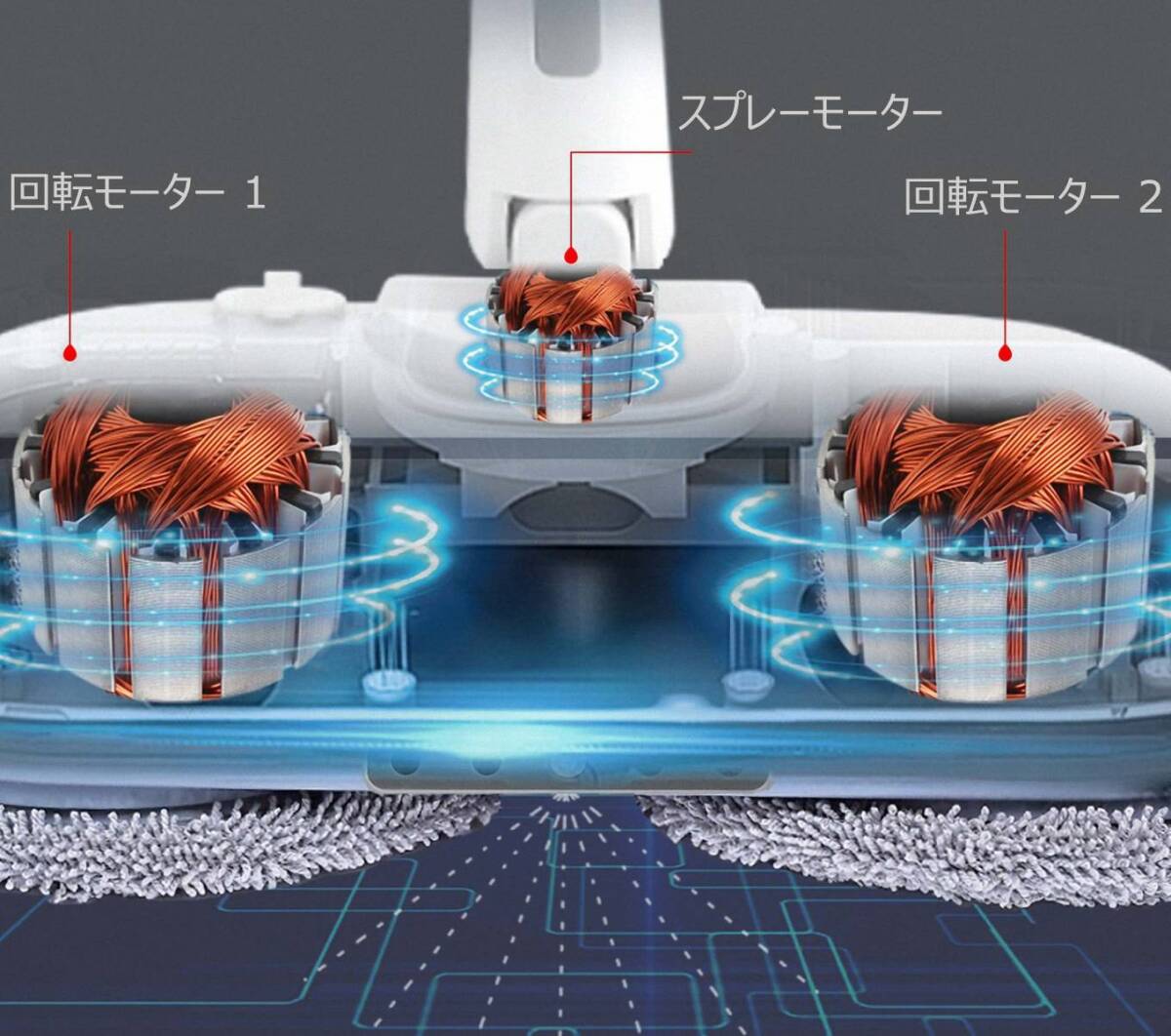 スプレー機能付きのコードレス回転モップ 乾湿両用 長さ調節可