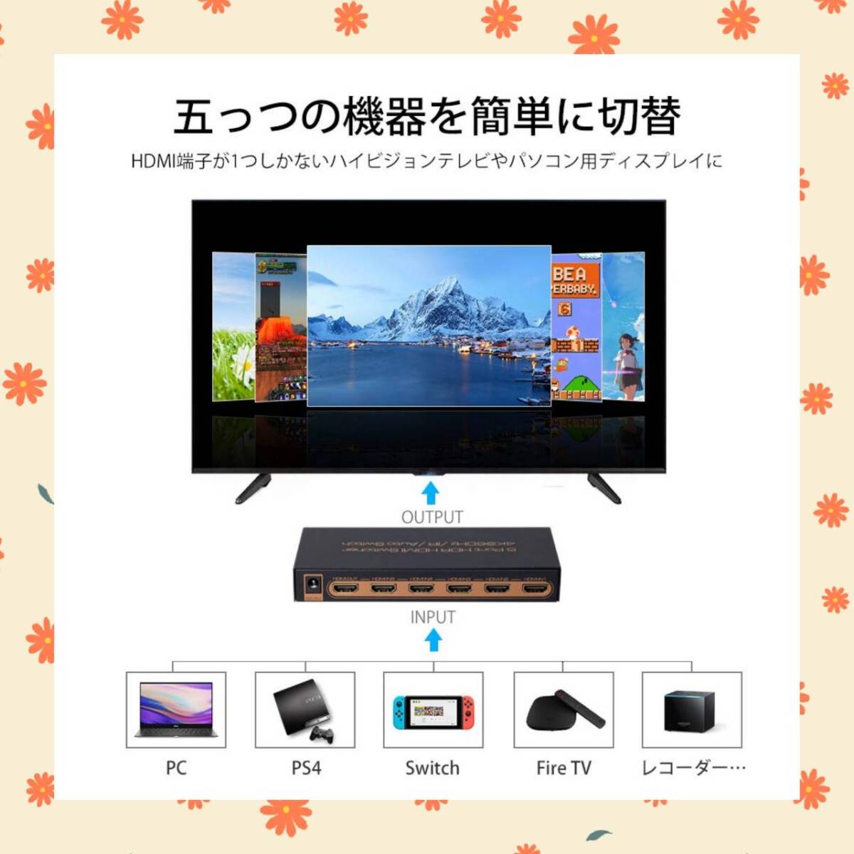 HDMI入力切替器 5入力1出力 リモコン付き_画像1