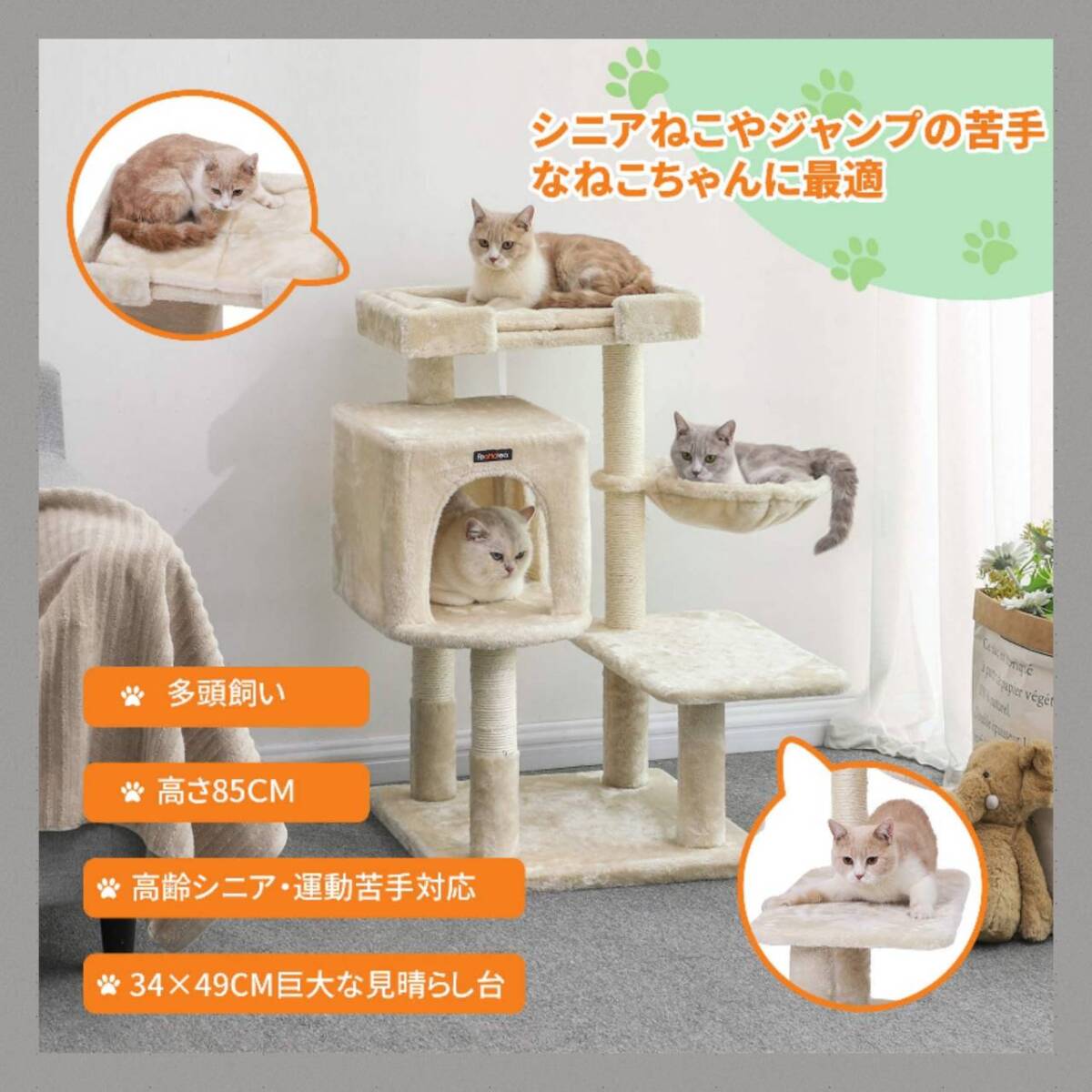 子猫やシニア猫に最適な低めの段差付きキャットタワー