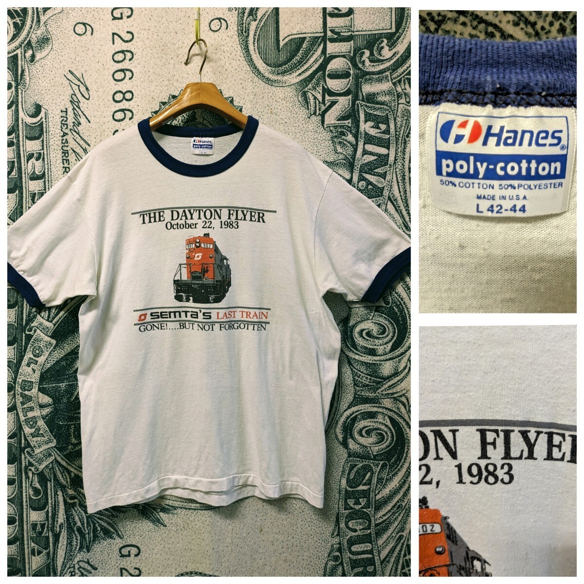 80s USA製 HANES リンガーTシャツ 1980年代 1983年製■サイズ表記L 白×ネイビー ヘインズ アメリカ製 古着 古着卸 70s クルーネック 記念Tの画像1