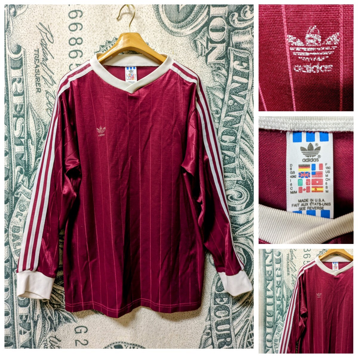 90s ビンテージ ADIDAS USA製 ロンT 長袖Tシャツ サッカーゲームシャツ ATP 1990年代■サイズ表記M 古着 アメリカ製 madeinusa 古着 80sの画像1