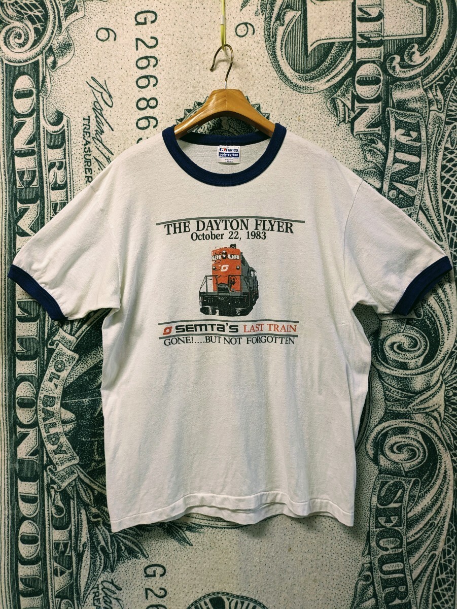 80s USA製 HANES リンガーTシャツ 1980年代 1983年製■サイズ表記L 白×ネイビー ヘインズ アメリカ製 古着 古着卸 70s クルーネック 記念Tの画像2