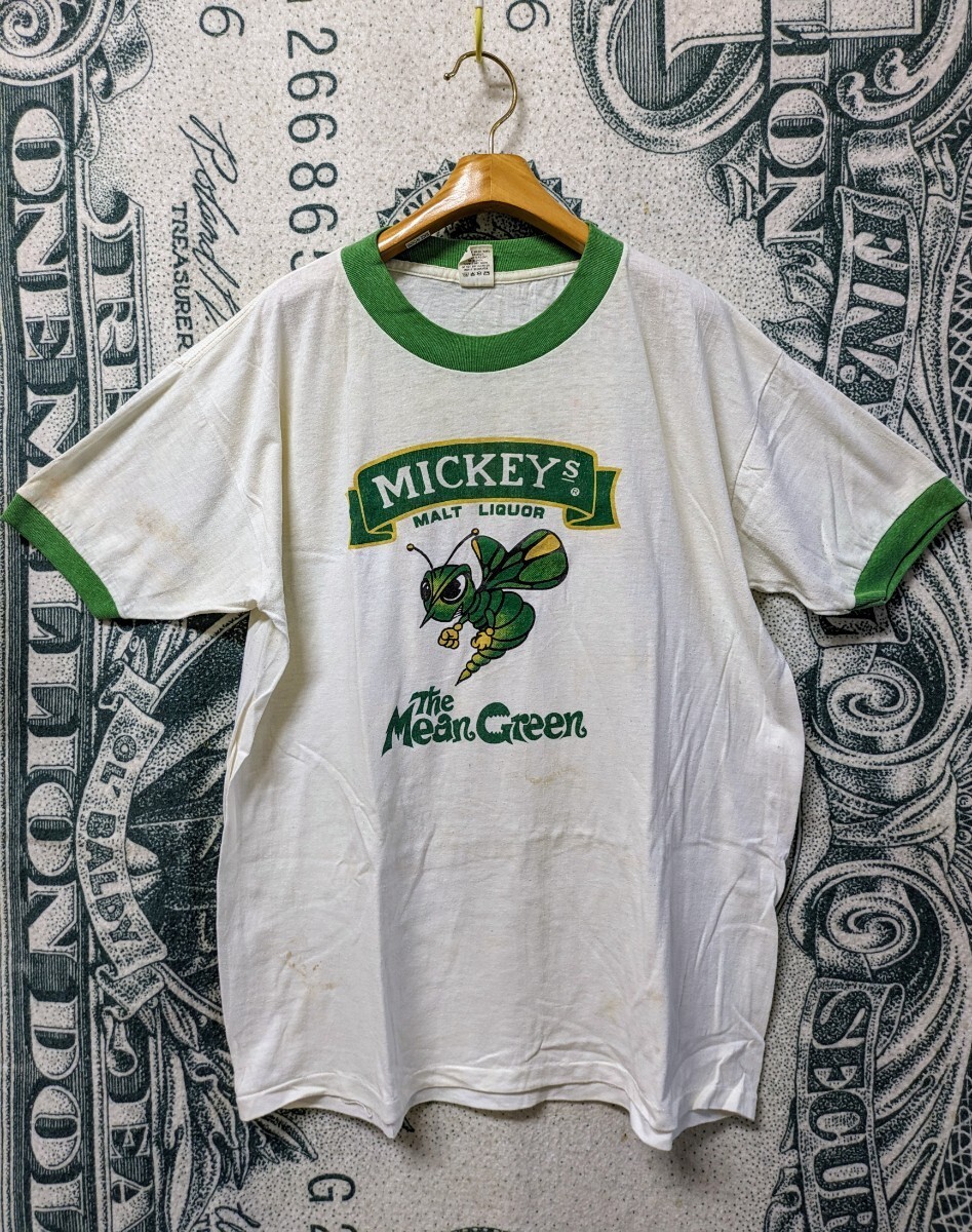 80sビンテージ MEDALLION mickey's malt LIQUOR リンガーTシャツ■1980年代製 表記XLサイズ USA製 グリーン 古着 古着卸 70s ビール 企業の画像2