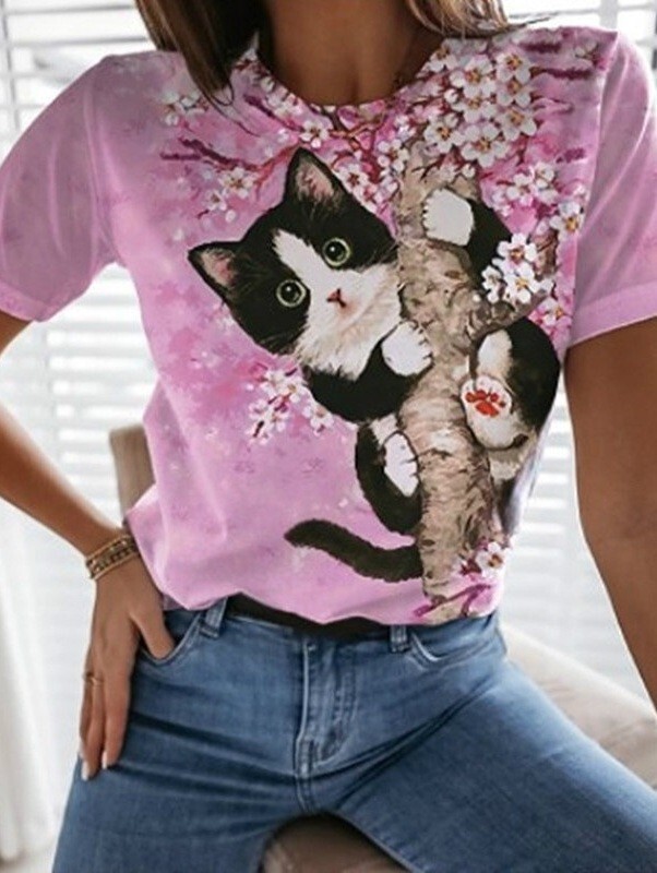 大きいサイズ レディース 半袖 Tシャツ ねこ柄 花柄 桜 オーバーサイズ ぽっちゃり ゆったり 4L 5L 6L 柄シャツ トップス _画像5