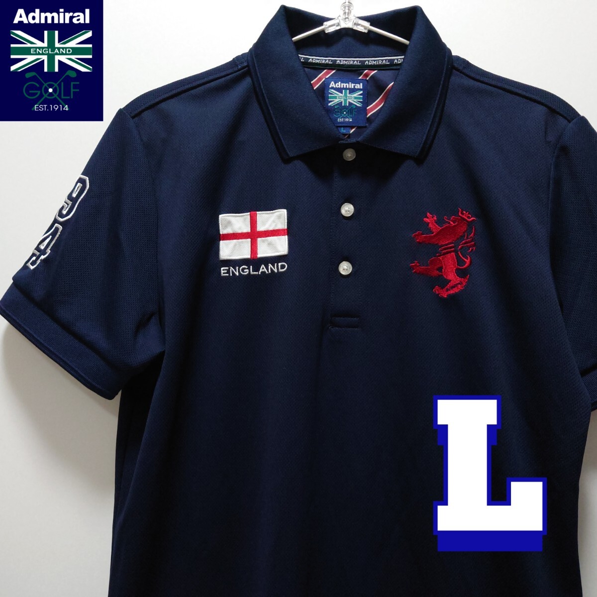 ADMIRALGOLFアドミラルゴルフ　ネイビーポロシャツ　メンズL【美品】おしゃれ　ENGLAND国旗_画像1