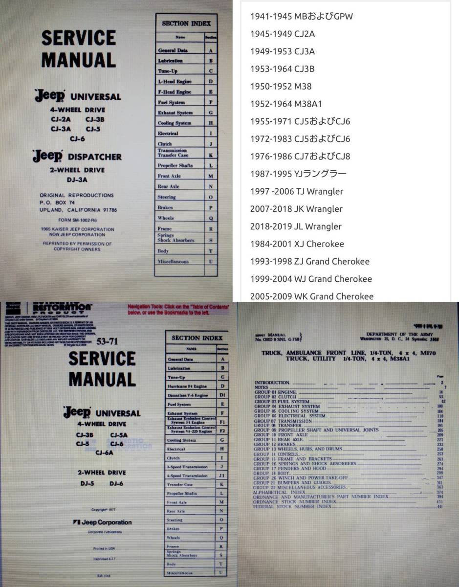 Willys jeep MB M38 CJ-2A CJ-3B 整備書 部品書 GPW ミリタリージープ PDF 資料DVD _PDFファイル方式PCで閲覧します。