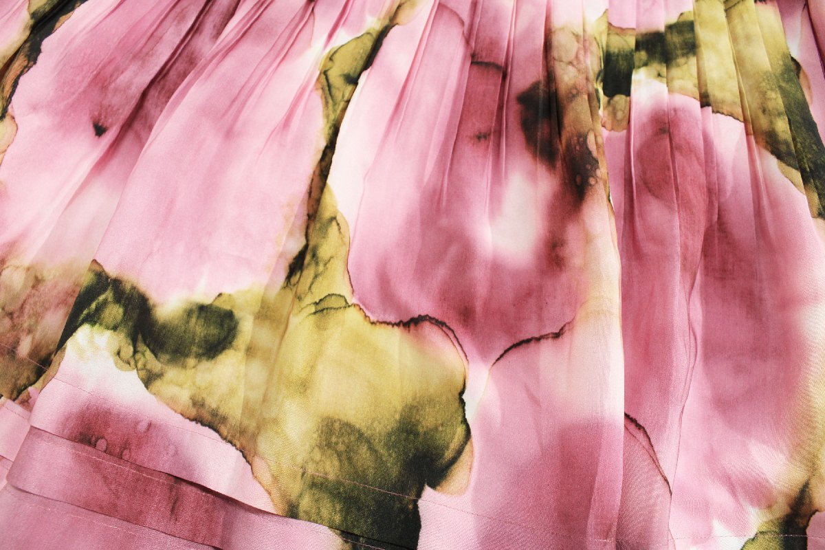 美品 トッカ 洗えるNANCY水彩画柄プリーツフレアワンピースドレス 4/ピンク sb221_画像8