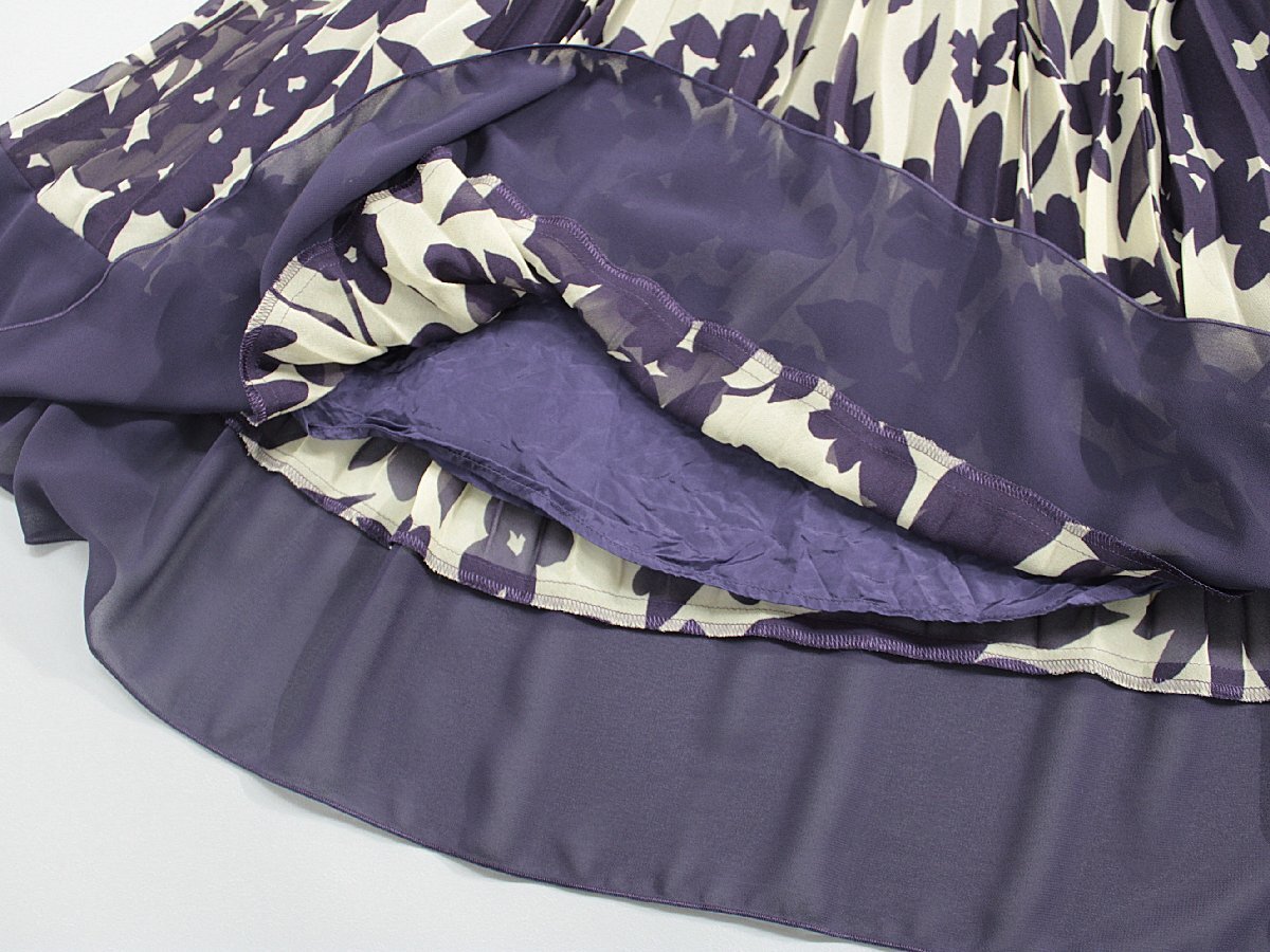 訳有美品 エムズグレイシー 花柄半袖プリーツワンピース定価3.4万円紫ベージュ38al008の画像7