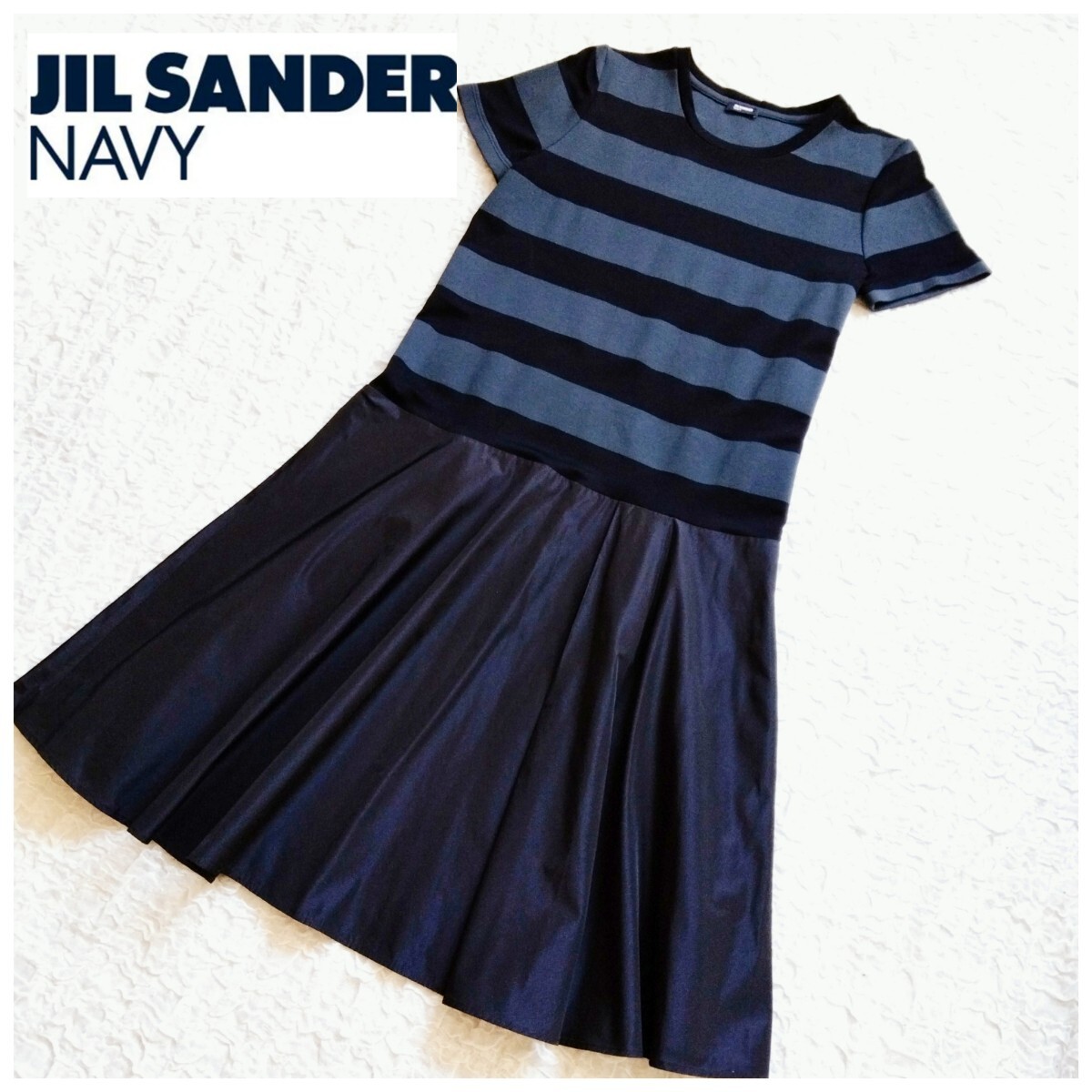 ジルサンダーネイビー JIL SANDER NAVY*切替ワンピース*ボーダー*半袖*サイズ36*イタリア製*レディース*ドッキング*異素材_画像1