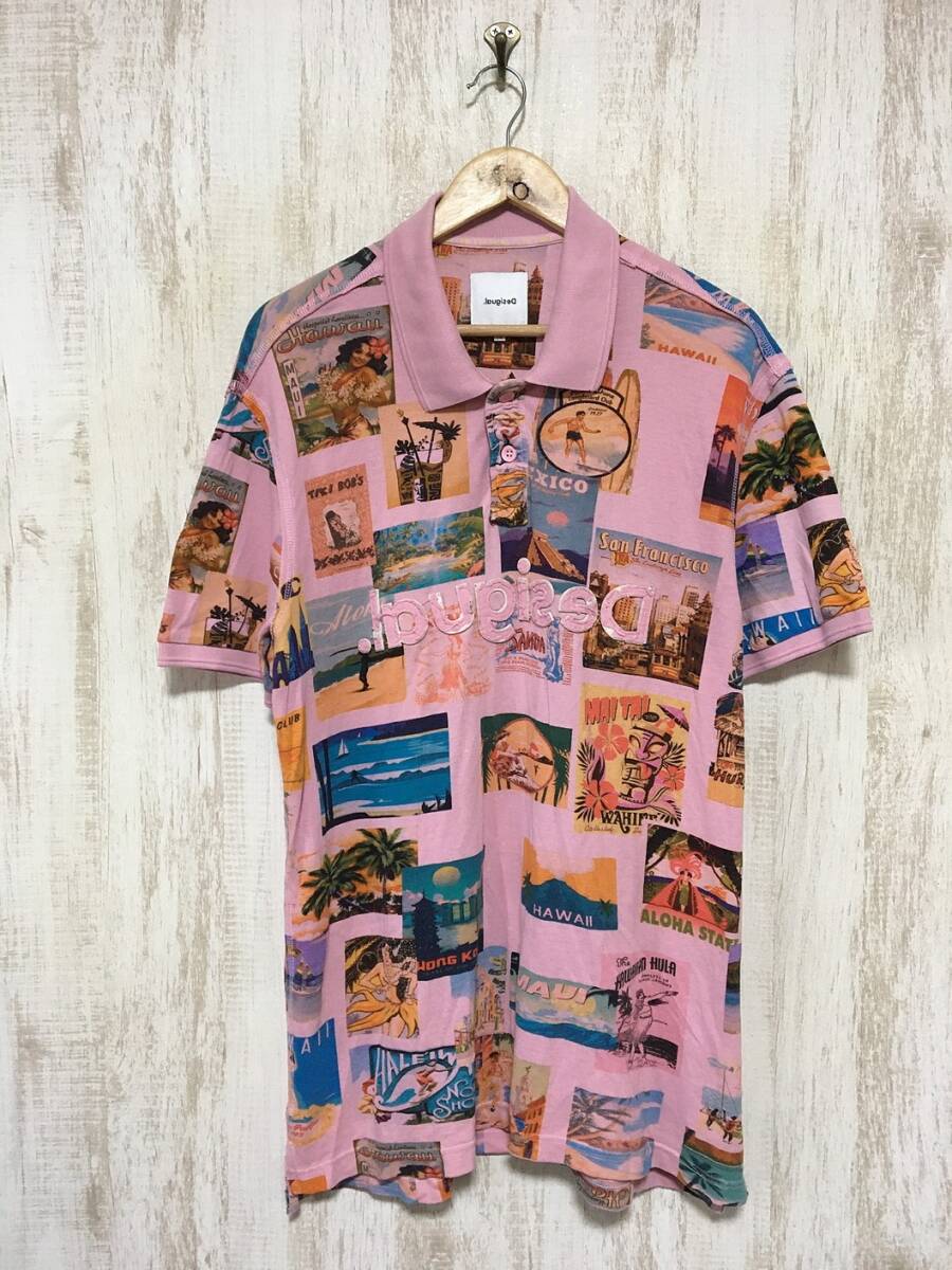 889☆【ハワイアンデザイン ポロシャツ】Desigual デシグアル ピンク XLの画像2