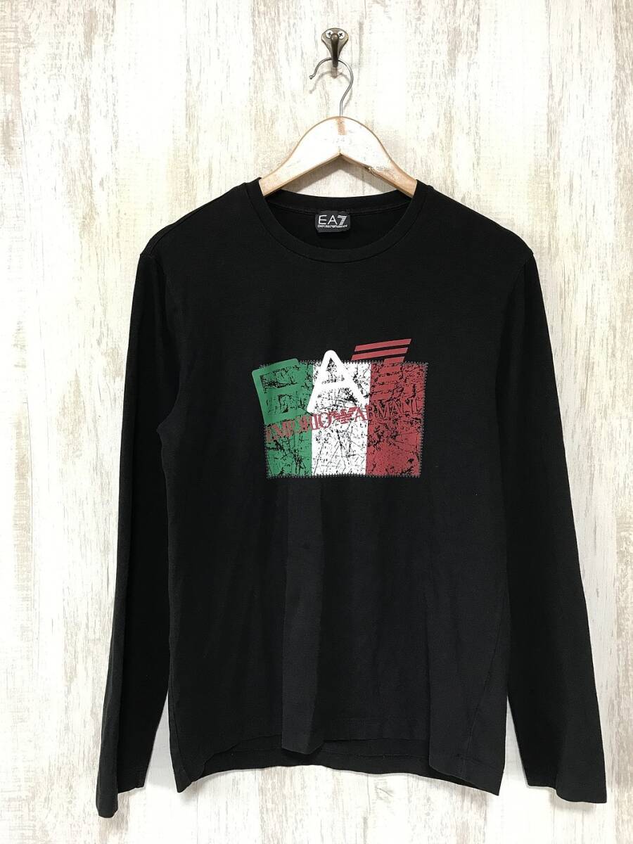 124☆【EA7 イタリア国旗デザイン ロングスリーブTシャツ】EMPORIO ARMANI エンポリオアルマーニ 黒 M_画像2