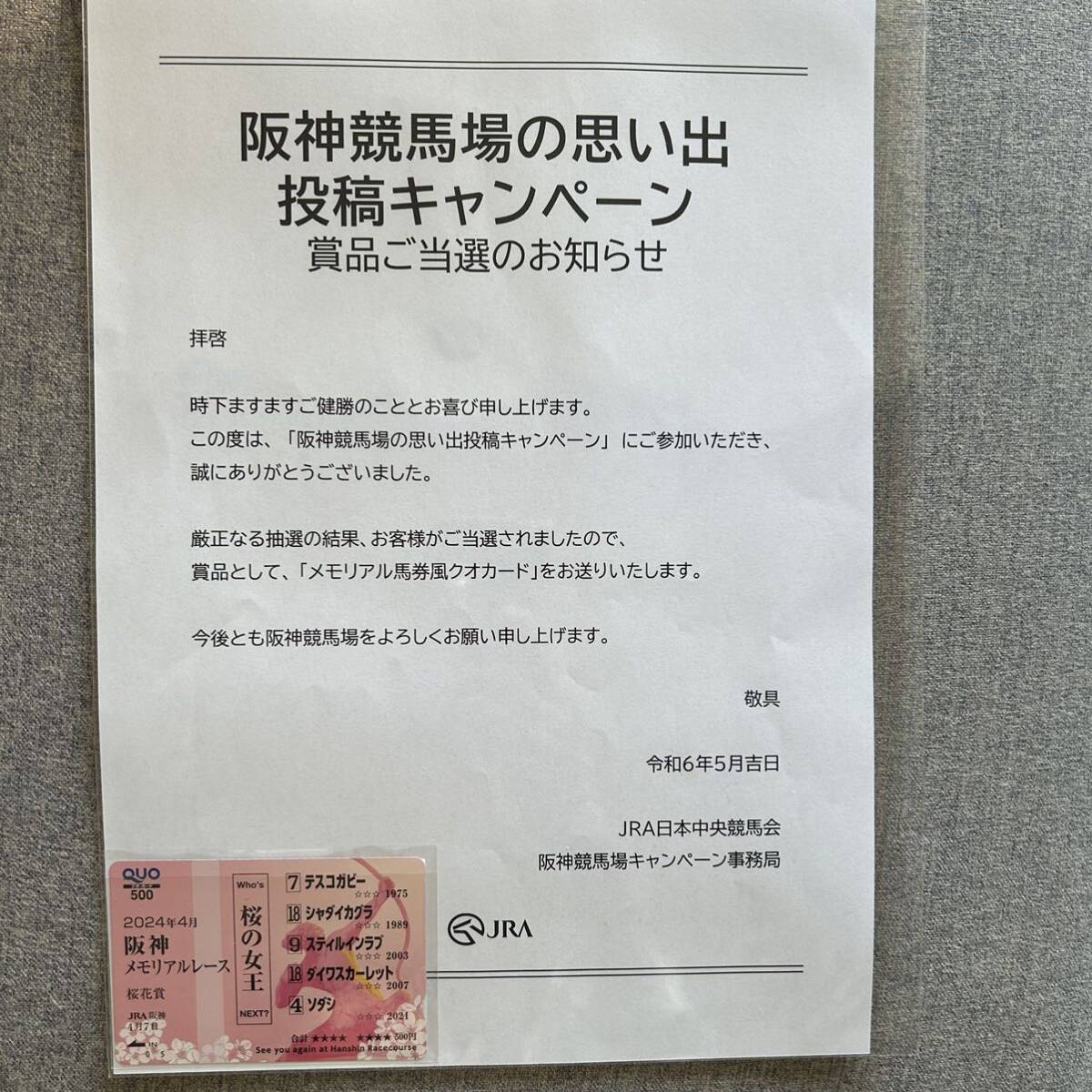 阪神競馬場 阪神メモリアルレース 2024 桜花賞 GI メモリアル馬券風 クオカード 500円分 新品未使用 未開封 桜の女王 JRA_画像2