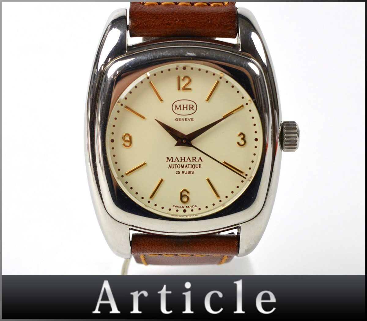 176414□動作確認済 MAHARA マハラ スパルビエロ 腕時計 自動巻 3針 25石 ラウンド SS レザー 革 アイボリー シルバー メンズ/ D
