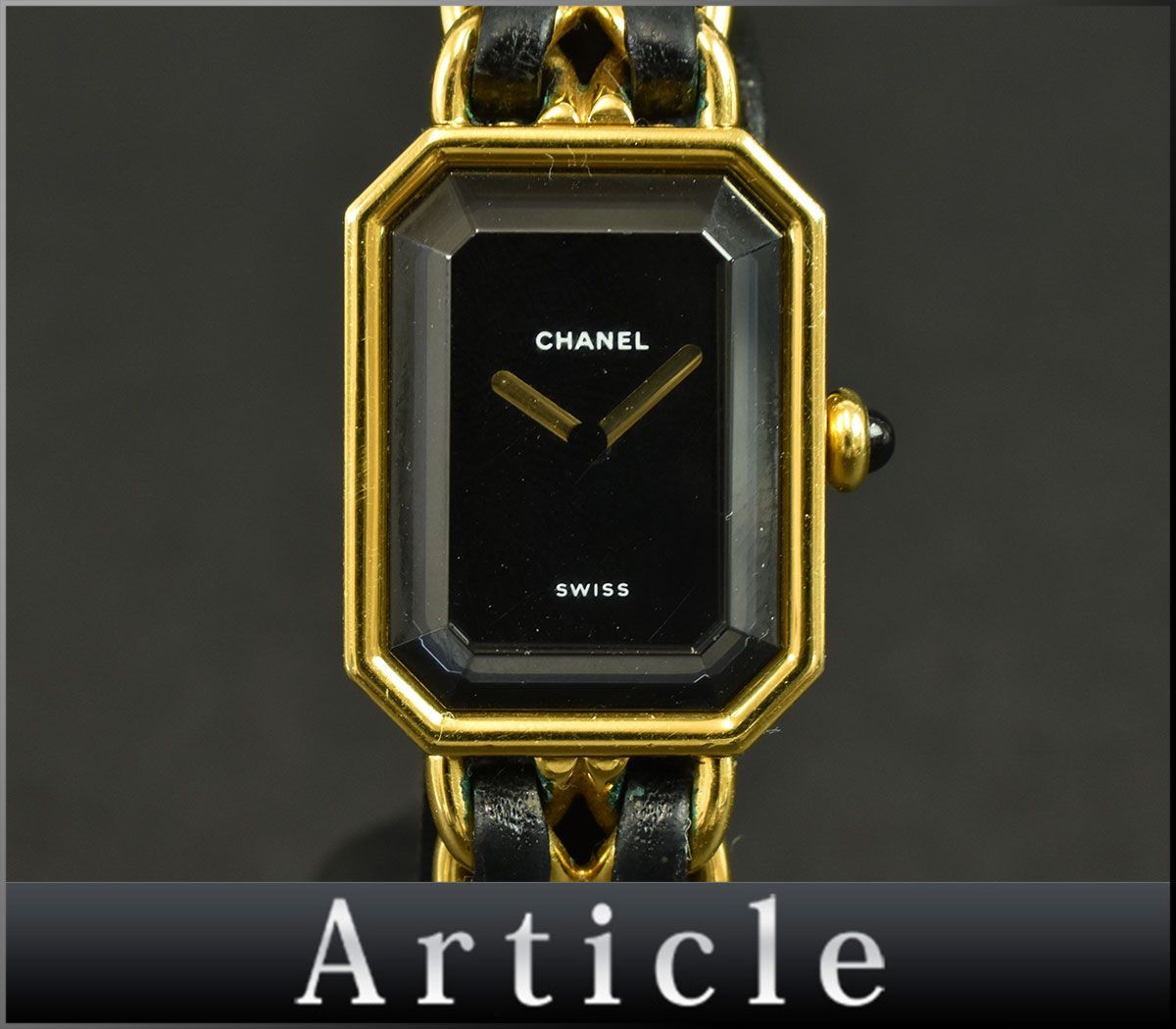 175489□動作確認済 CHANEL シャネル プルミエールL 腕時計 クォーツ 2針 H0001 GP レザー 革 ブラック ゴールド レディース/ Dの画像1